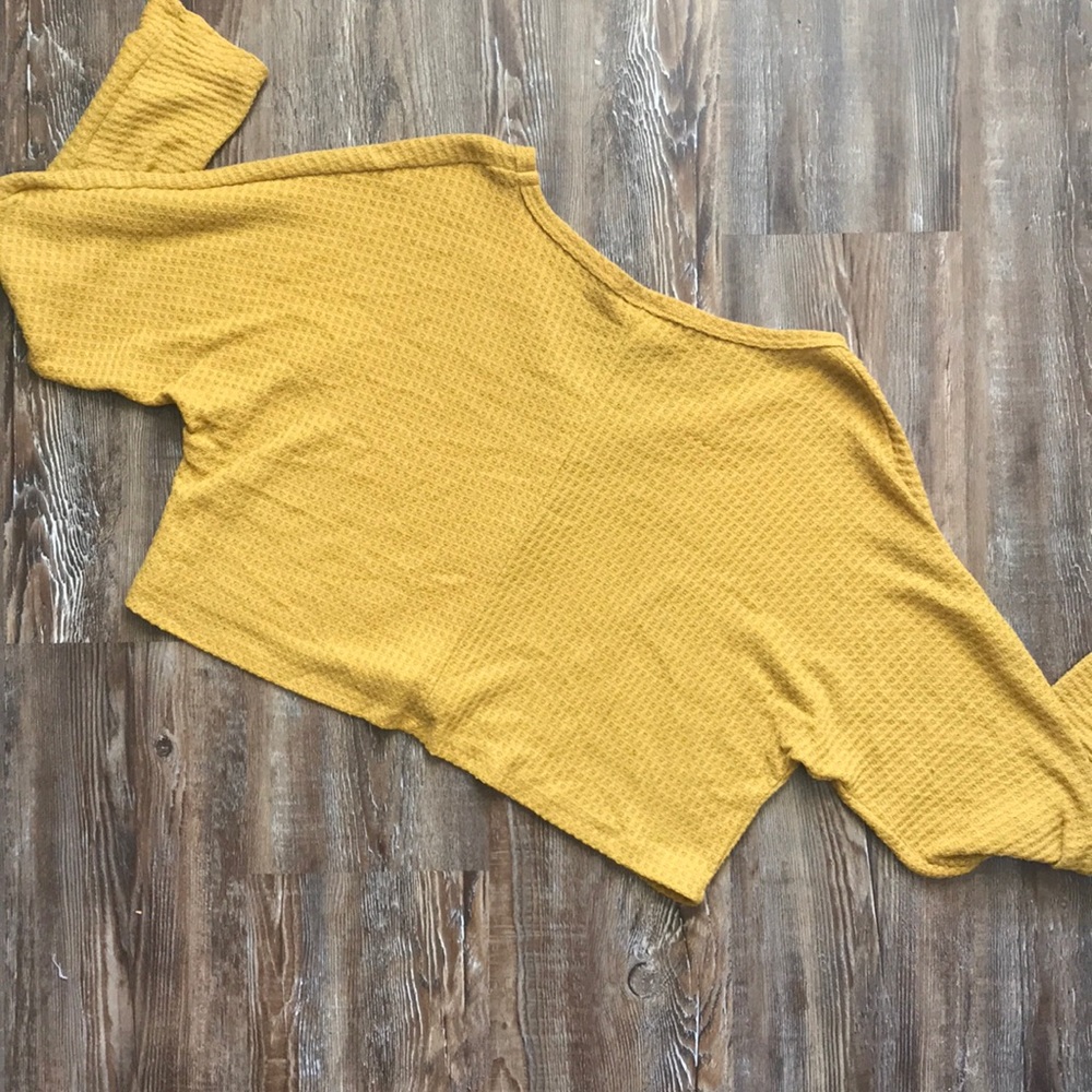yellow Waffle Knit Crop Long Sleeve Thermal Top - Picture 2 of 2